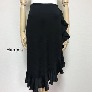ハロッズ(Harrods)のハロッズ フリル スカート シルク100% ブラック(ひざ丈スカート)