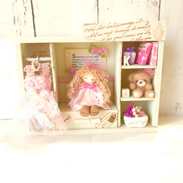 ミニチュア ナチュラルbox dollちゃん＆クマちゃん(ピンク)