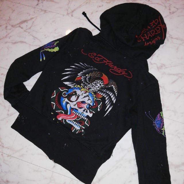 Ed Hardy - エドハーディーED hardy黒パーカー女性用Mドクロ鷲ワシ蝶の