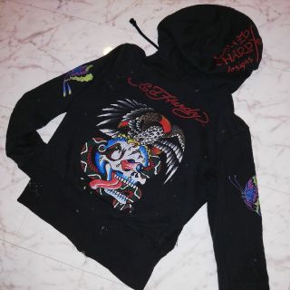 エドハーディー(Ed Hardy)のエドハーディーED hardy黒パーカー女性用Mドクロ鷲ワシ蝶(パーカー)