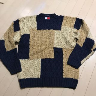 トミーヒルフィガー(TOMMY HILFIGER)のトミーヒルフィガー　メンズ　紺　茶　コットンセーター　手編み　S 未使用(ニット/セーター)