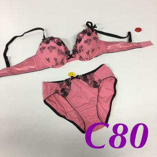 線画調刺繍花柄ブラショーツセット C80 L(ブラ&ショーツセット)