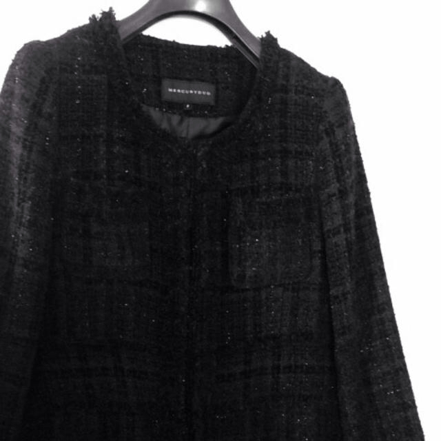 MERCURYDUO(マーキュリーデュオ)のツイードノーカラーコート 黒 レディースのジャケット/アウター(ロングコート)の商品写真