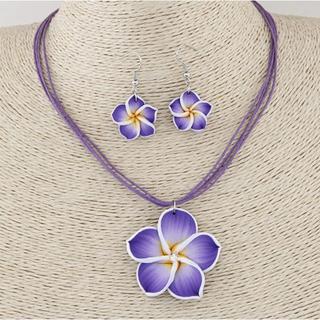 ネックレス ピアス セット お花 プルメリア ハワイアン 紫 パープル かわいい(ネックレス)
