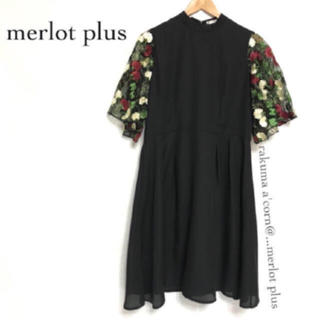 メルロー(merlot)のmerlot plus  花刺繍レース袖ワンピース ＊ブラック(ひざ丈ワンピース)
