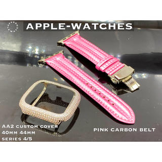 アップルウォッチ(Apple Watch)のピンクカーボンxシルバーダイヤカスタムカバー■アップルウォッチ用シリーズ4/5用(腕時計)