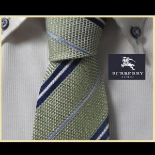 バーバリー(BURBERRY)の美品★バーバリーロンドン★【光沢グリーン正統派ストライプ】ネクタイ(ネクタイ)