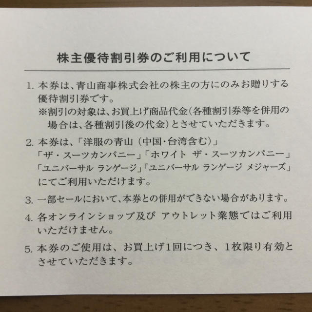 青山(アオヤマ)の洋服の青山　株主優待券　15%OFF 3枚 チケットの優待券/割引券(その他)の商品写真