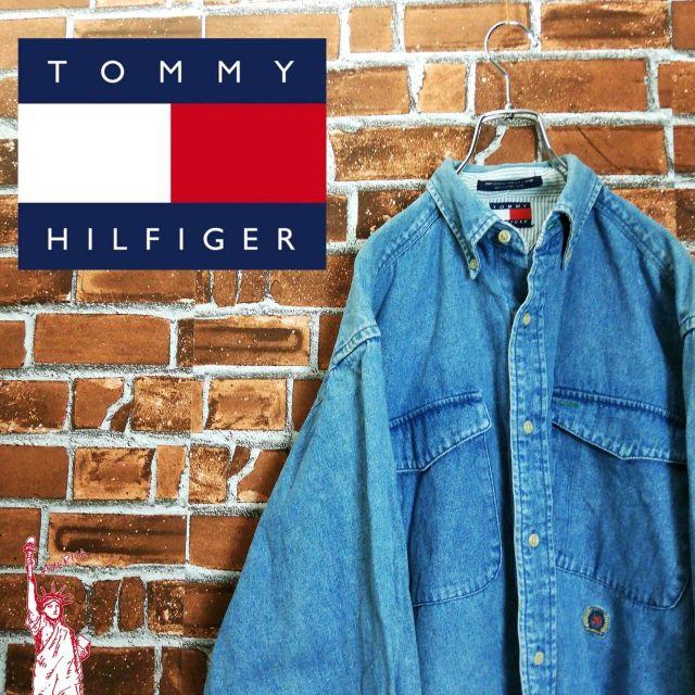 90s オールドトミー トミーヒルフィガー 長袖コットンシャツ XL 旧刺繍ロゴ
