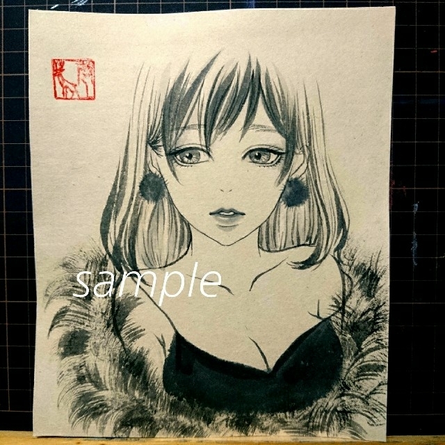 ポストカード プリント 《黒いファーの女性》水墨画 美人画 日本 ポストカード プリント 《黒いファーの女性》水墨画 美人画 日本