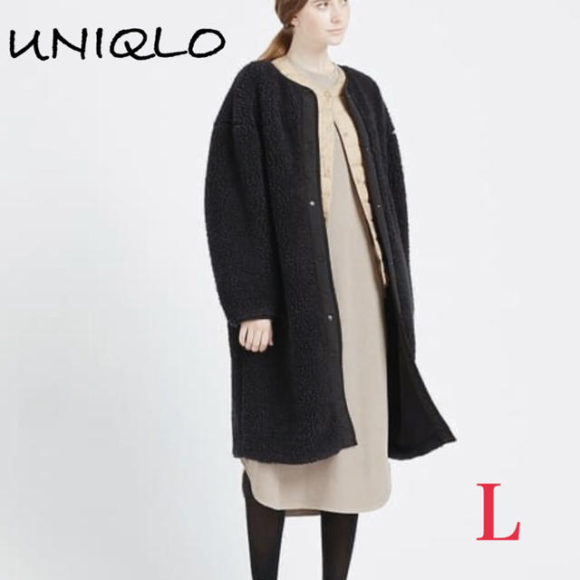 新品　UNIQLO レディース　ボアフリースノーカラーコート　ブラック　L