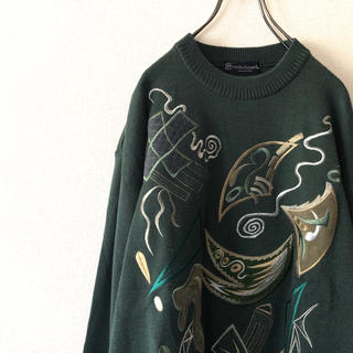 90s レトロ柄 刺繍 ニット セーター Lサイズ トレーナー スウェット 古着(ニット/セーター)
