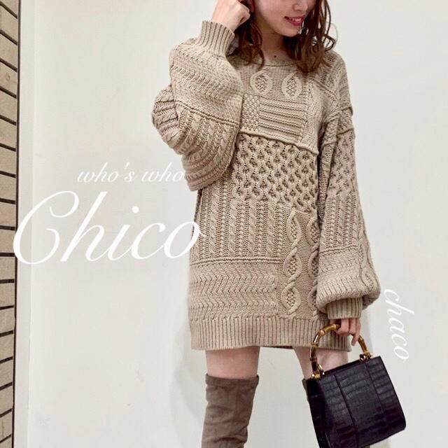 who's who Chico(フーズフーチコ)の秋冬新作❄️¥8690【Chico】後リボンパッチワーク風ケーブルチュニック レディースのトップス(ニット/セーター)の商品写真