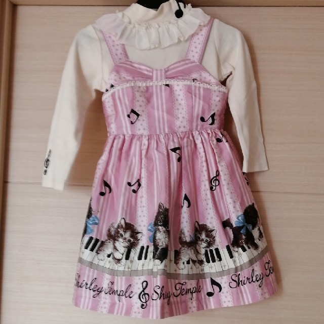 美品　シャーリーテンプル　こねこ音楽会pt　ジャンスカ　ピンク　100キッズ服女の子用(90cm~)