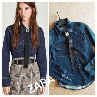 ザラ(ZARA)のZARA★ビジュータイ付きデザインデニムシャツ(シャツ/ブラウス(長袖/七分))