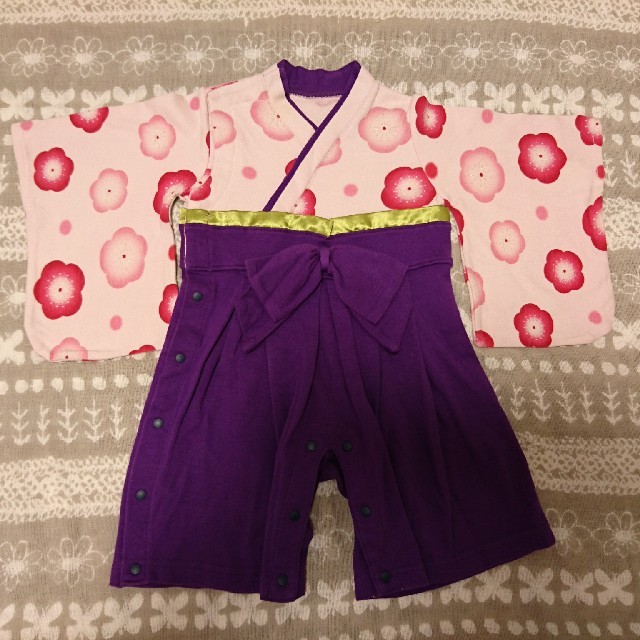 ロンパース 袴 梅 ピンク 紫 着物 ベビー キッズ/ベビー/マタニティのベビー服(~85cm)(和服/着物)の商品写真