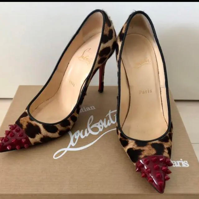 クリスチャンルブタン Christian Louboutin オープントゥ レオパード ピンヒール パンプス ハラコ ブラウン--くつ幅