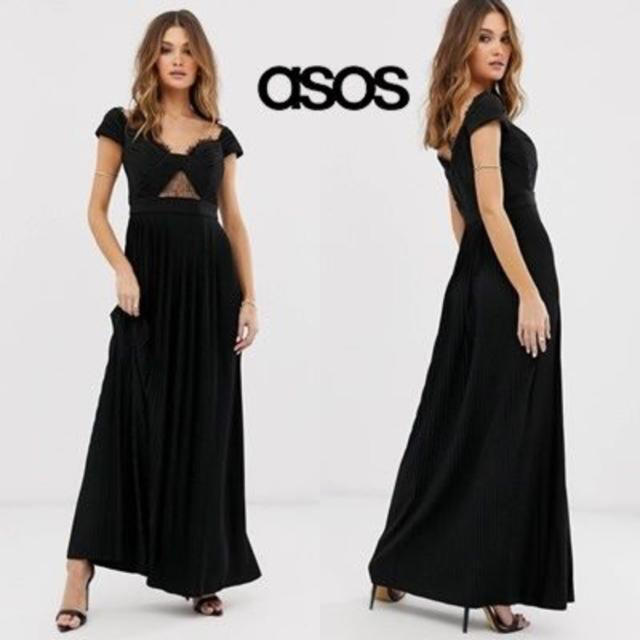 ロングドレス ASOS DESIGN プレミアムレースプリーツマキシドレス