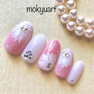 mokyuart23＊スモーキーピンク ネイルチップ 大輪花 ブライダルネイル ハンドメイドのアクセサリー(ネイルチップ)の商品写真