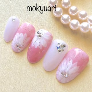 mokyuart23＊スモーキーピンク ネイルチップ 大輪花 ブライダルネイル ハンドメイドのアクセサリー(ネイルチップ)の商品写真