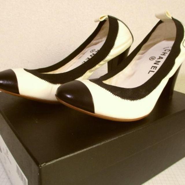 正規品】シャネル パンプス 白x黒 ココマークステッチ 37 1/2サイズ