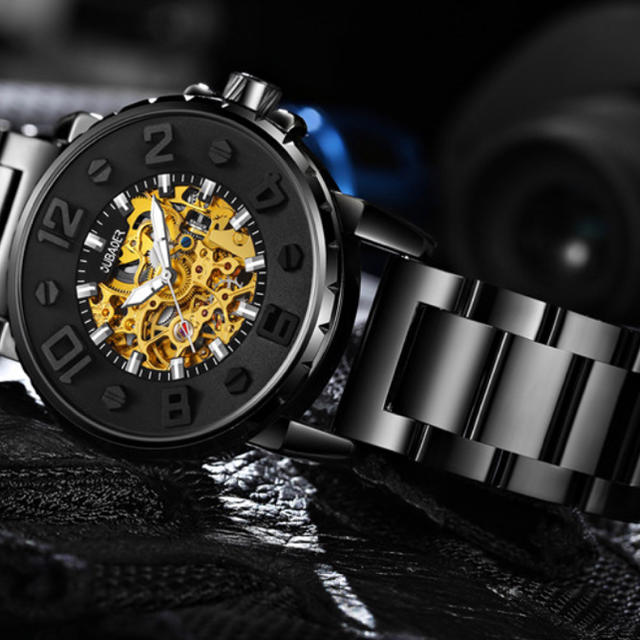 OUBAOER 機械式 自動巻き スケルトン ブラック 腕時計
