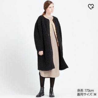 ユニクロ(UNIQLO)のユニクロ☆完売☆ボアフリースノーカラーコート☆ブラック☆新品☆L(ロングコート)