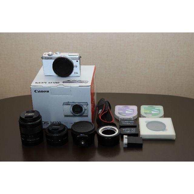 Canon(キヤノン)のEOS M100＋レンズ2本＋マウントアダプター他おまけつき スマホ/家電/カメラのカメラ(ミラーレス一眼)の商品写真
