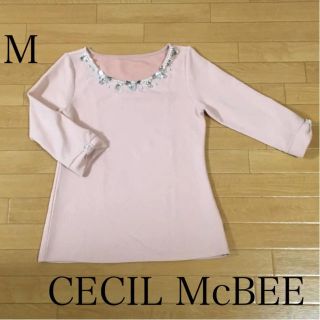 セシルマクビー(CECIL McBEE)の美品 CECIL McBEE セシル 七分袖カットソー ビジュー  リボン(カットソー(長袖/七分))