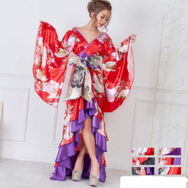 サテン和柄フリルロング着物ドレス 衣装   花魁 コス キャバドレス6カラー