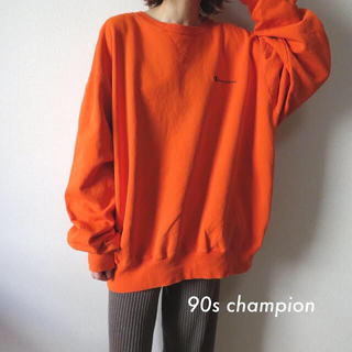 ◆チャンピオン 刺繍ハーフジップスウェットトレーナー オレンジ メンズL