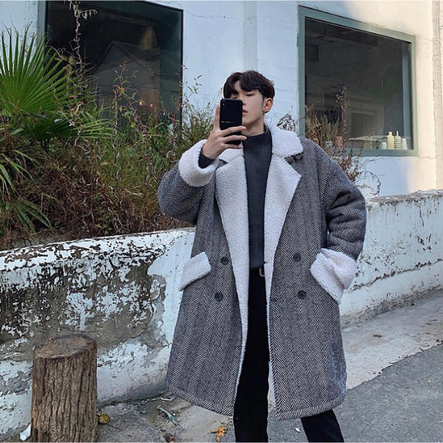 千鳥柄ロングコート ボアコート ロングコート メンズコート 韓国風 トレンド メンズのジャケット/アウター(チェスターコート)の商品写真