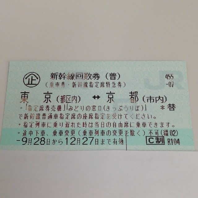 新幹線回数券 東京～京都(乗車券・指定席特急券) 大人１枚(あと１枚 ...