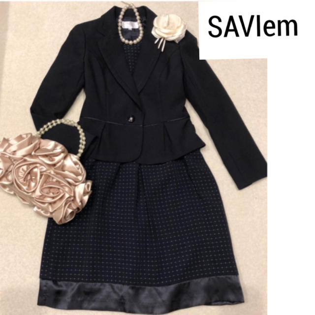 【L】美品　SAVIem ツイード スーツ　ネイビー　卒業式　入学式