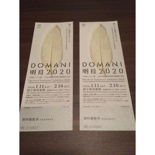 国立新美術館DOMANI明日2020日本博スペシャル展招待券2枚写真模型彫刻絵画 チケットの施設利用券(美術館/博物館)の商品写真