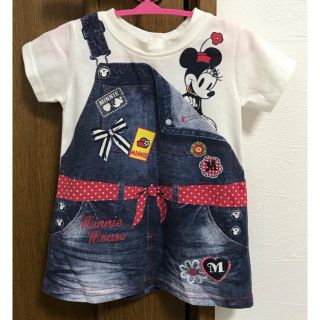 ディズニー(Disney)のディズニー　ベビー　80サイズ　ミニーマウス　デニム　サロペット風トップス　半袖(Ｔシャツ)