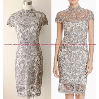 タダシショウジ(TADASHI SHOJI)のTADASHI SHOJIコード刺繍レースドレスワンピース*グレーXシルバー6P(ひざ丈ワンピース)