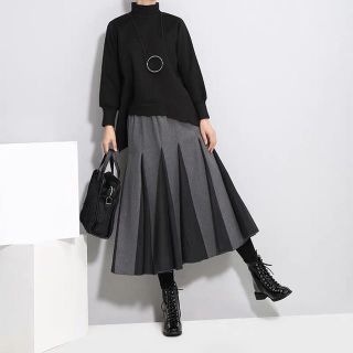 【グレー×ブラック】プリーツスカート フレアスカート ボックス