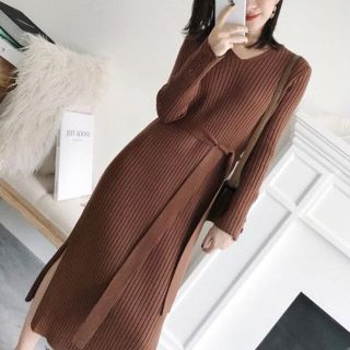 ♡シンプルで女性らしい♡ レディース ニットワンピース【ブラウン/XL】(ロングワンピース/マキシワンピース)