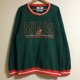 90's USA製 MIAMI HURRICANES リブライン スウェット 緑(スウェット)