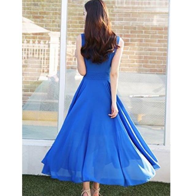 ワンピースドレス マキシ丈 ノースリーブ ドレープ(ブルー,4L) レディースのフォーマル/ドレス(ロングドレス)の商品写真