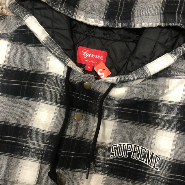 M 黒 supreme Quilted Hooded Plaid Shirt