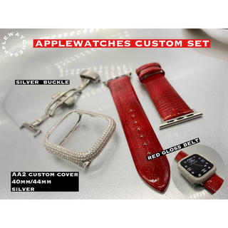 アップルウォッチ(Apple Watch)の赤x銀■アップルウォッチカスタムセット■レッドグロスベルト■40mm 44mm(腕時計)
