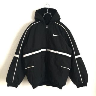 ナイキ(NIKE)の90s ナイキ NIKE ナイロンジャケット パーカー 中綿 モノトーン 黒 白(ナイロンジャケット)