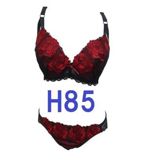 H85/3L・レッド ゴージャス薔薇柄刺繍 ブラジャー＆ショーツ　大きいサイズ　(ブラ&ショーツセット)