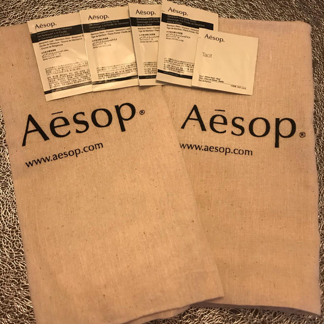 Aesop(イソップ)の新品⭐︎Aēsop イソップ　布巾着ショップ袋2つ サンプル5つ コスメ/美容のボディケア(ボディソープ/石鹸)の商品写真