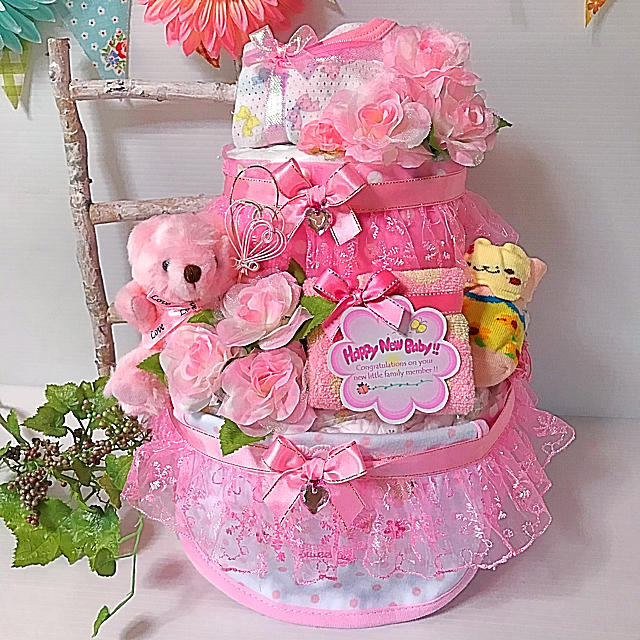 おむつケーキ・女の子・2段・ピンク系