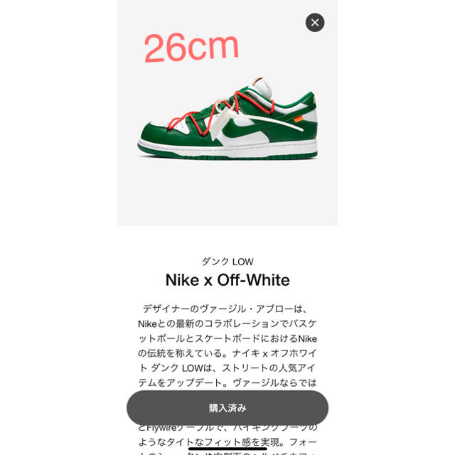 NIKE(ナイキ)のNike x off white ダンクlow  26cm メンズの靴/シューズ(スニーカー)の商品写真