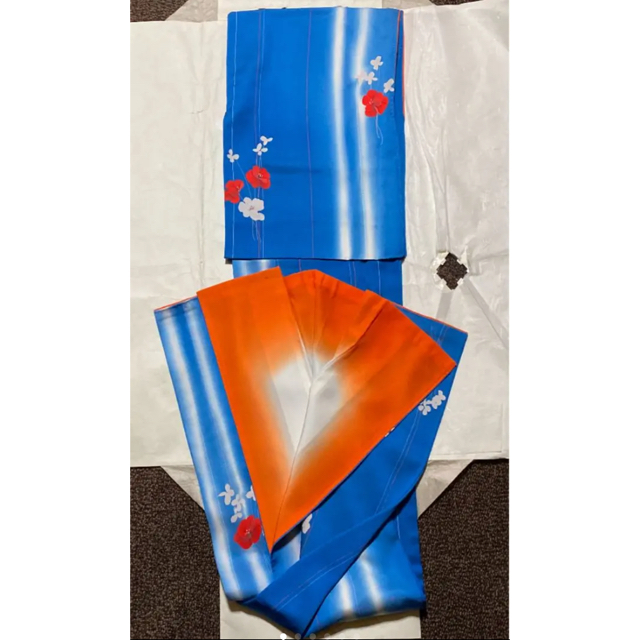 着物　小紋着物　個性的★ブルー裏地オレンジ レディースの水着/浴衣(着物)の商品写真