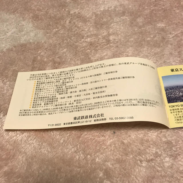 東武鉄道　株主優待　冊子1冊 チケットの優待券/割引券(その他)の商品写真